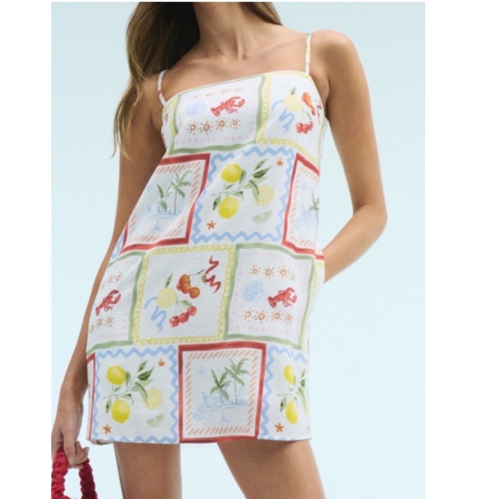 Abercrombie & Fitch Postcard Print Mini Dress White Lemon Lobster Small